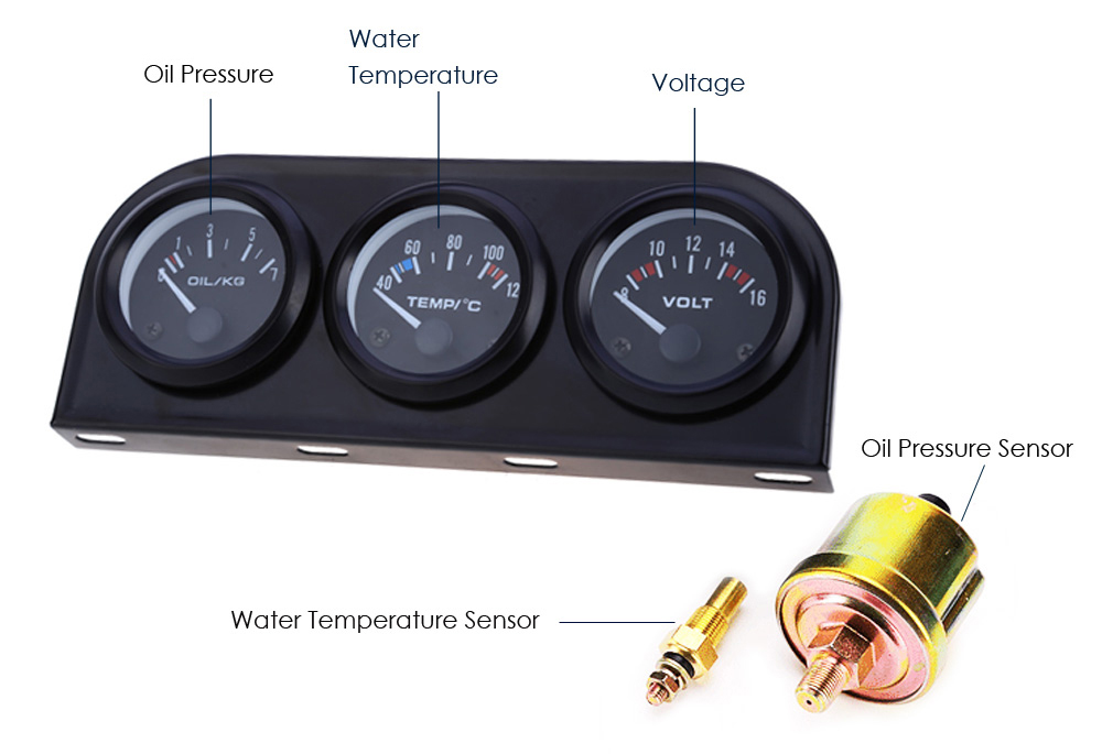 B734 52MM 3 in 1 Car Auto Gauge Voltmeter Water Temperature Oil Pressure Sensor Triple Kit