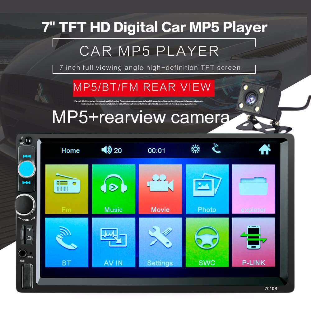 7010B 7 Inch Bluetooth V2.0 TFT Screen 12V Car Audio Stereo MP5 Player Auto Video with Rearview Camera
