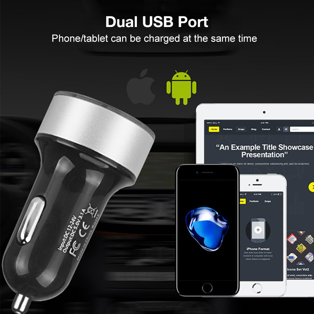 3.1A Dual USB LCD Car Charger with Blue Indicator Light Multi-protection Universal for 12V/24V Vehicles